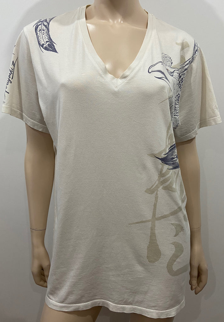 HORIYOSHI LII Cream & Grey 100% Cotton Bird Printed V Neck Short Sleeve T-Shirt