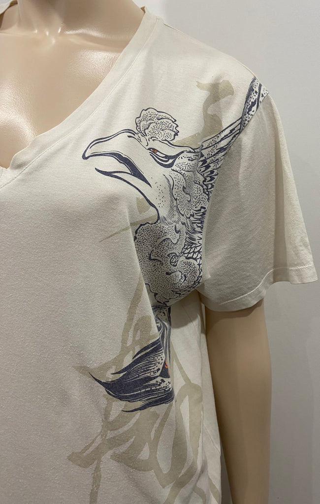 HORIYOSHI LII Cream & Grey 100% Cotton Bird Printed V Neck Short Sleeve T-Shirt