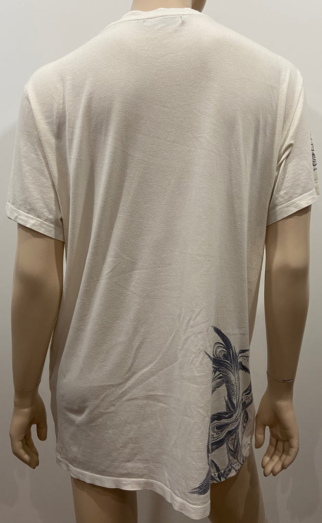 HORIYOSHI LII Cream & Grey 100% Cotton Bird Printed V Neck Short Sleeve T-Shirt