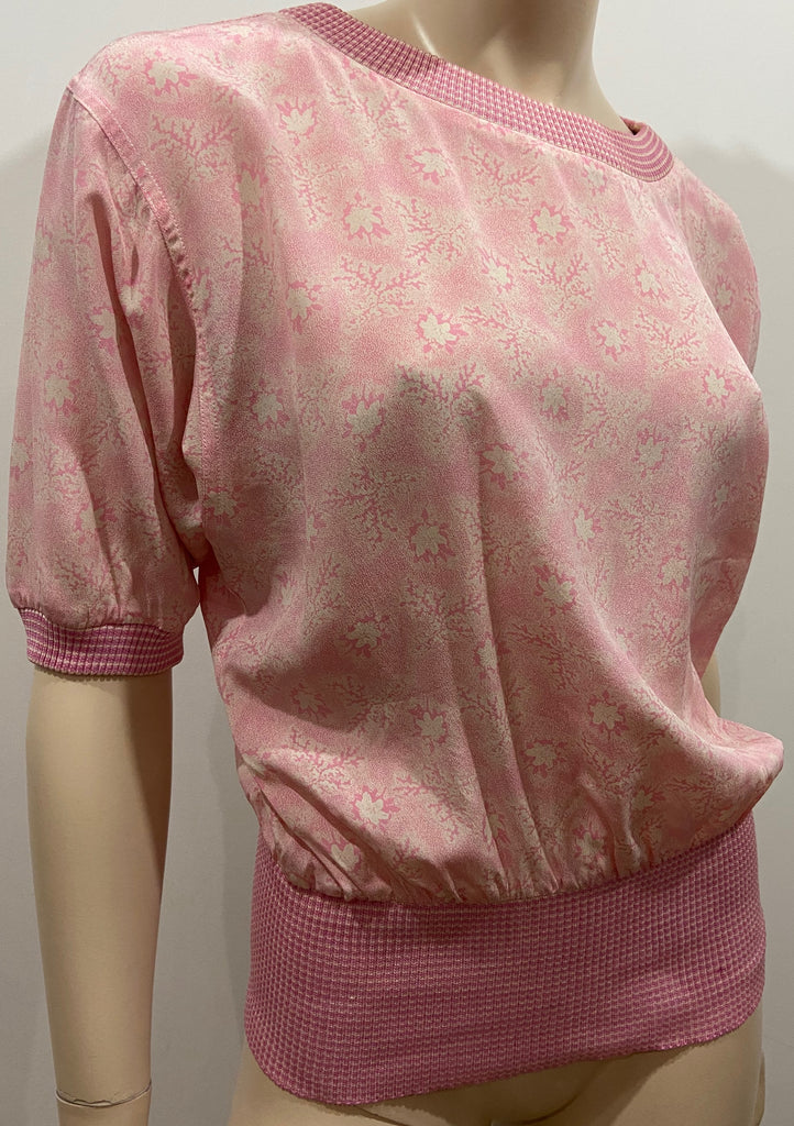 UNGARO SOLO DONNA PARIS Pink Silk Floral Print Ribbed Hemline Blouse Top 44/10