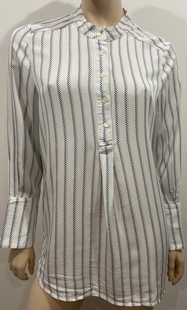 BRORA White Black Red Geometric Pattern Collarless Long Sleeve Blouse Shirt UK12