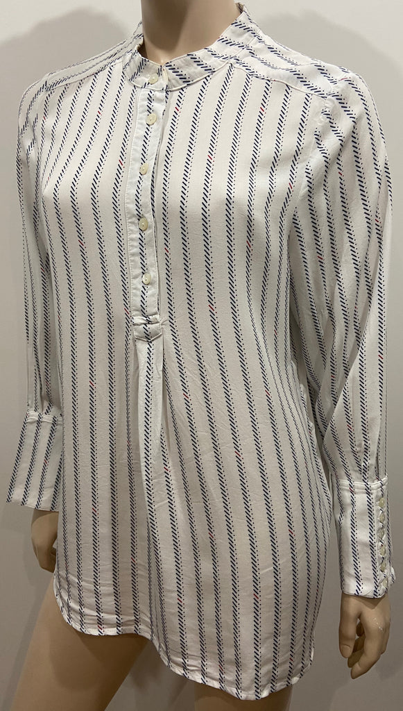 BRORA White Black Red Geometric Pattern Collarless Long Sleeve Blouse Shirt UK12