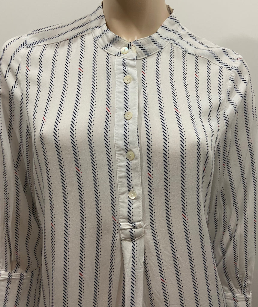BRORA White Black Red Geometric Pattern Collarless Long Sleeve Blouse Shirt UK12