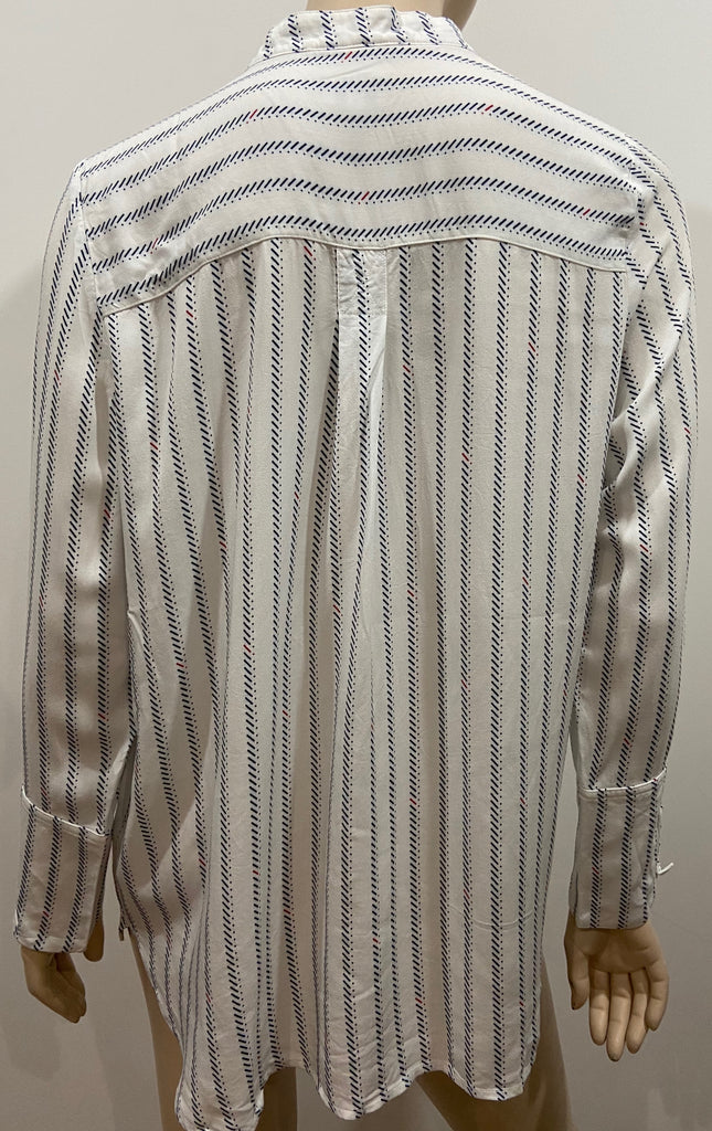 BRORA White Black Red Geometric Pattern Collarless Long Sleeve Blouse Shirt UK12