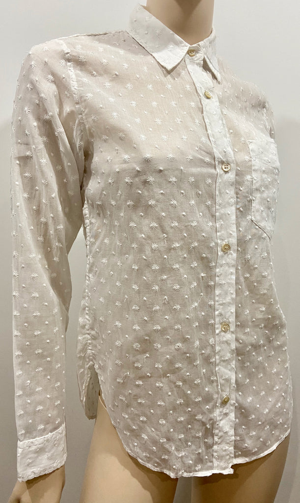 ISABEL MARANT White Collared Stitch Detail Long Sleeve Semi Sheer Blouse Shirt S