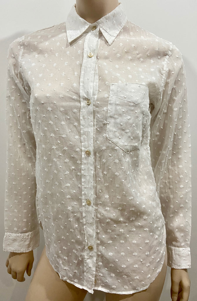 ISABEL MARANT White Collared Stitch Detail Long Sleeve Semi Sheer Blouse Shirt S