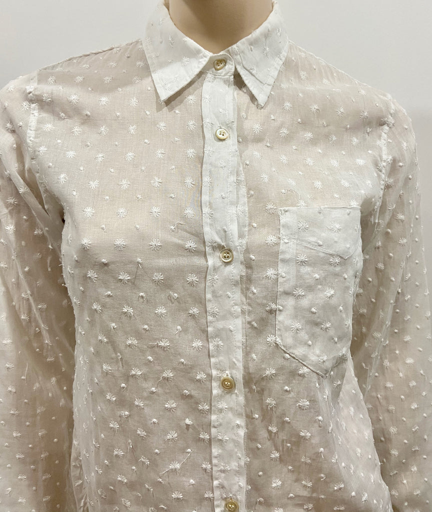 ISABEL MARANT White Collared Stitch Detail Long Sleeve Semi Sheer Blouse Shirt S