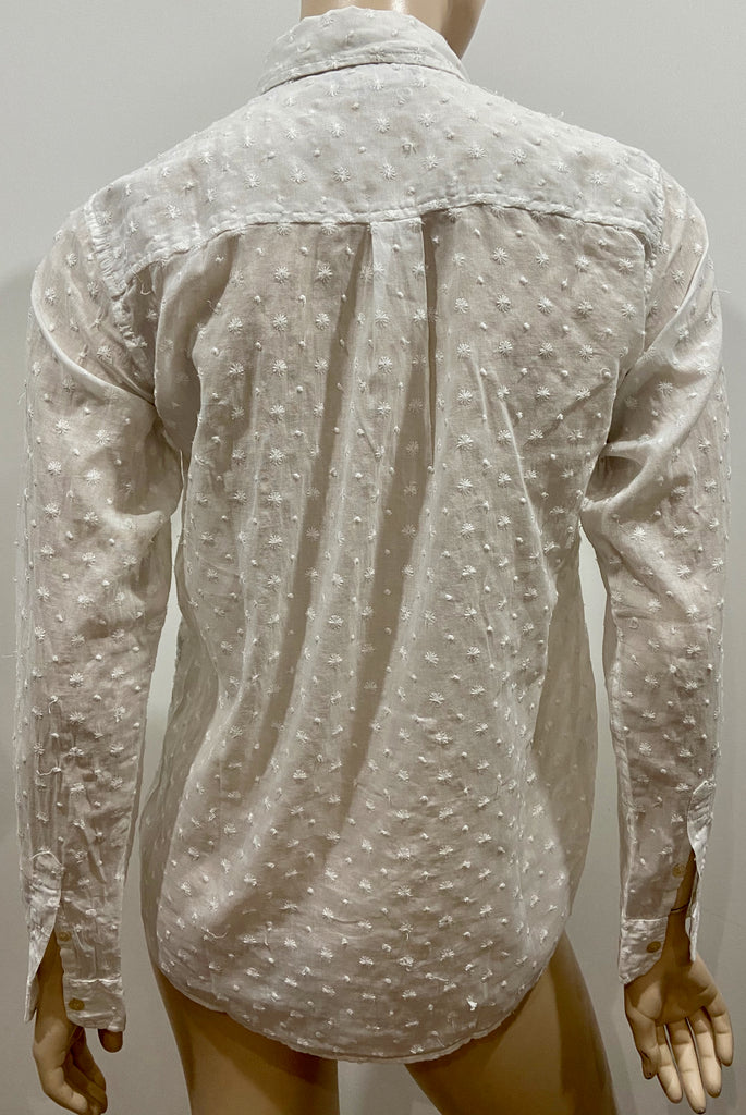 ISABEL MARANT White Collared Stitch Detail Long Sleeve Semi Sheer Blouse Shirt S