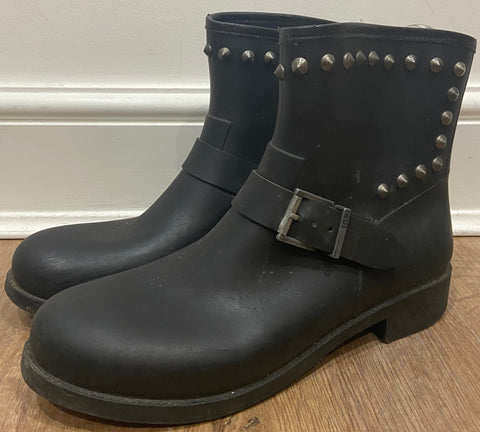 ZADIG & VOLTAIRE Black Suede Leather Studded Block Mid Heel Ankle Boots 40; UK7