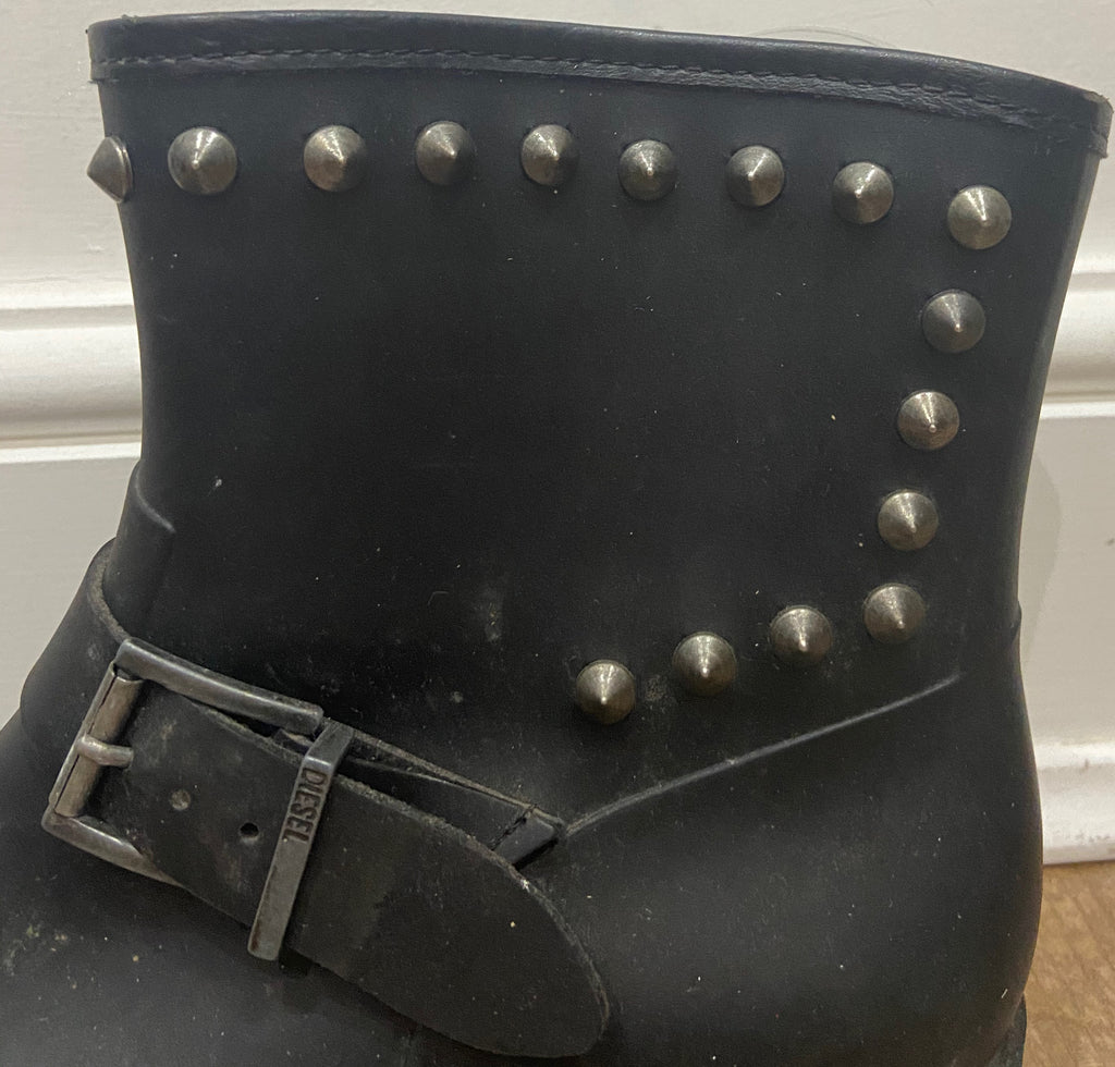 DIESEL Women's Black Rubber Stud Detail Branded Buckle Detail Ankle Boots 40 UK7