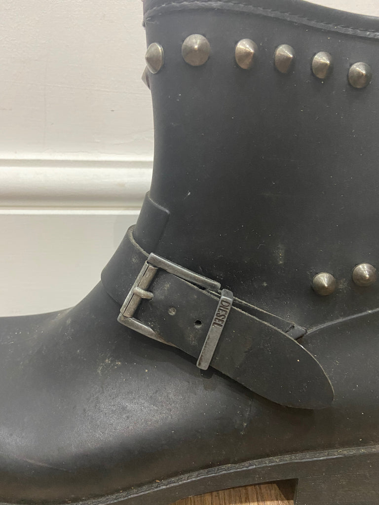 DIESEL Women's Black Rubber Stud Detail Branded Buckle Detail Ankle Boots 40 UK7