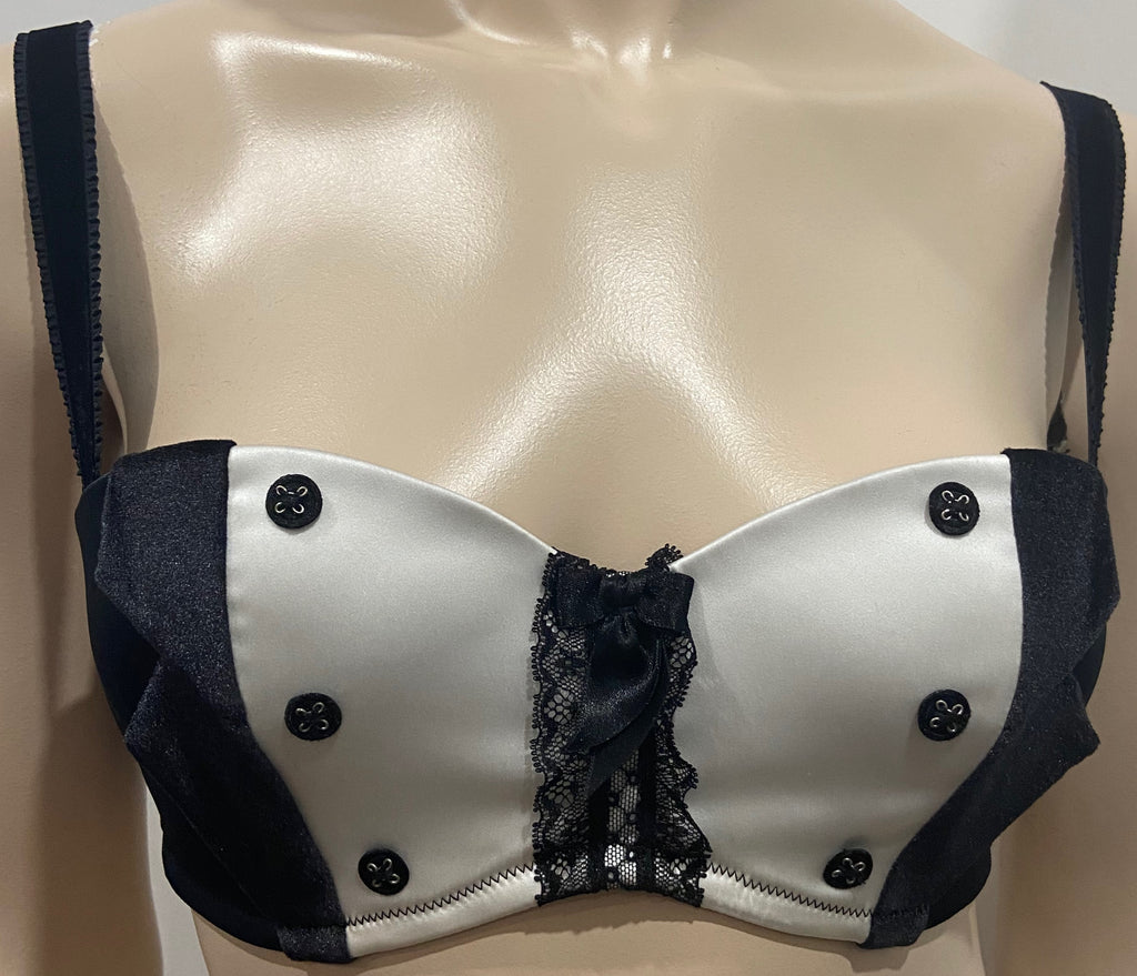 CHANTAL THOMASS Black Velvet & Winter White Satin Underwire Balconette Bra 34C