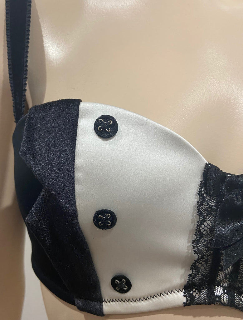 CHANTAL THOMASS Black Velvet & Winter White Satin Underwire Balconette Bra 34C