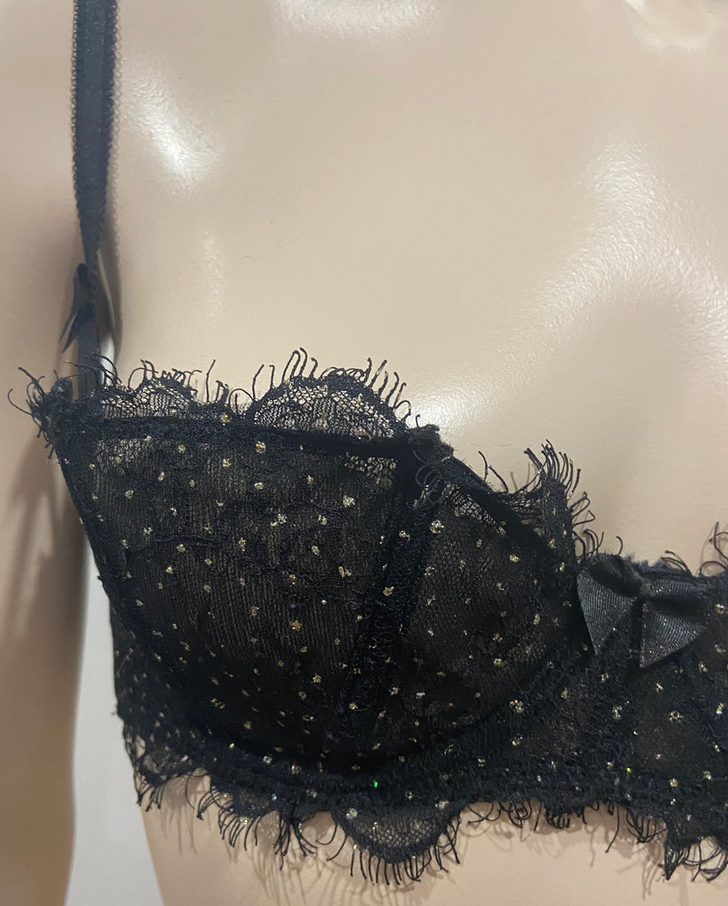 MYLA Black Lace Silver Gold Metallic Stitch Detail Underwire Balconette Bra L
