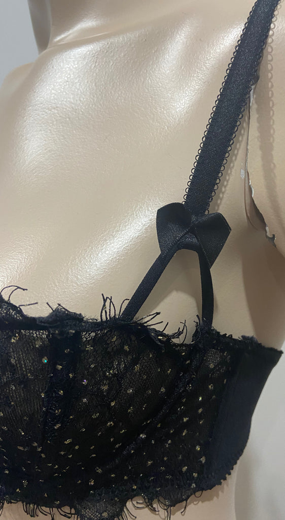MYLA Black Lace Silver Gold Metallic Stitch Detail Underwire Balconette Bra L