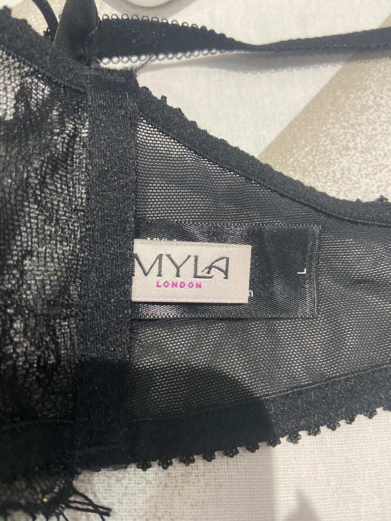 MYLA Black Lace Silver Gold Metallic Stitch Detail Underwire Balconette Bra L
