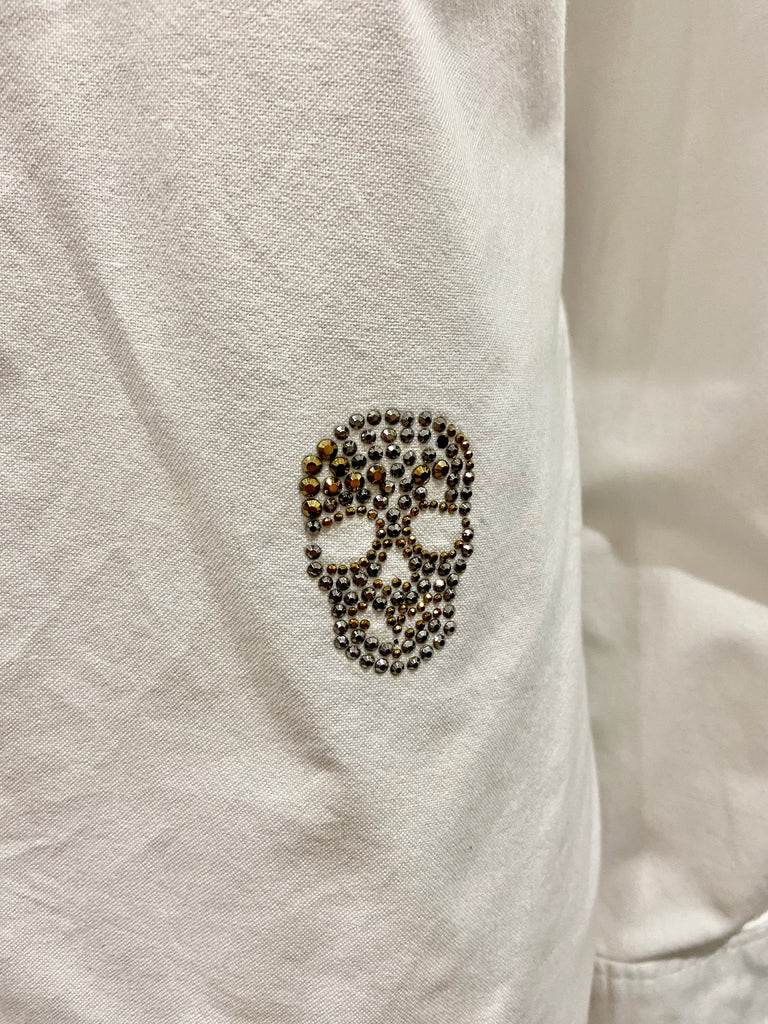 ZADIG & VOLTAIRE White Cotton TRAVIS Crystal Skull Long Sleeve Blouse Shirt Top