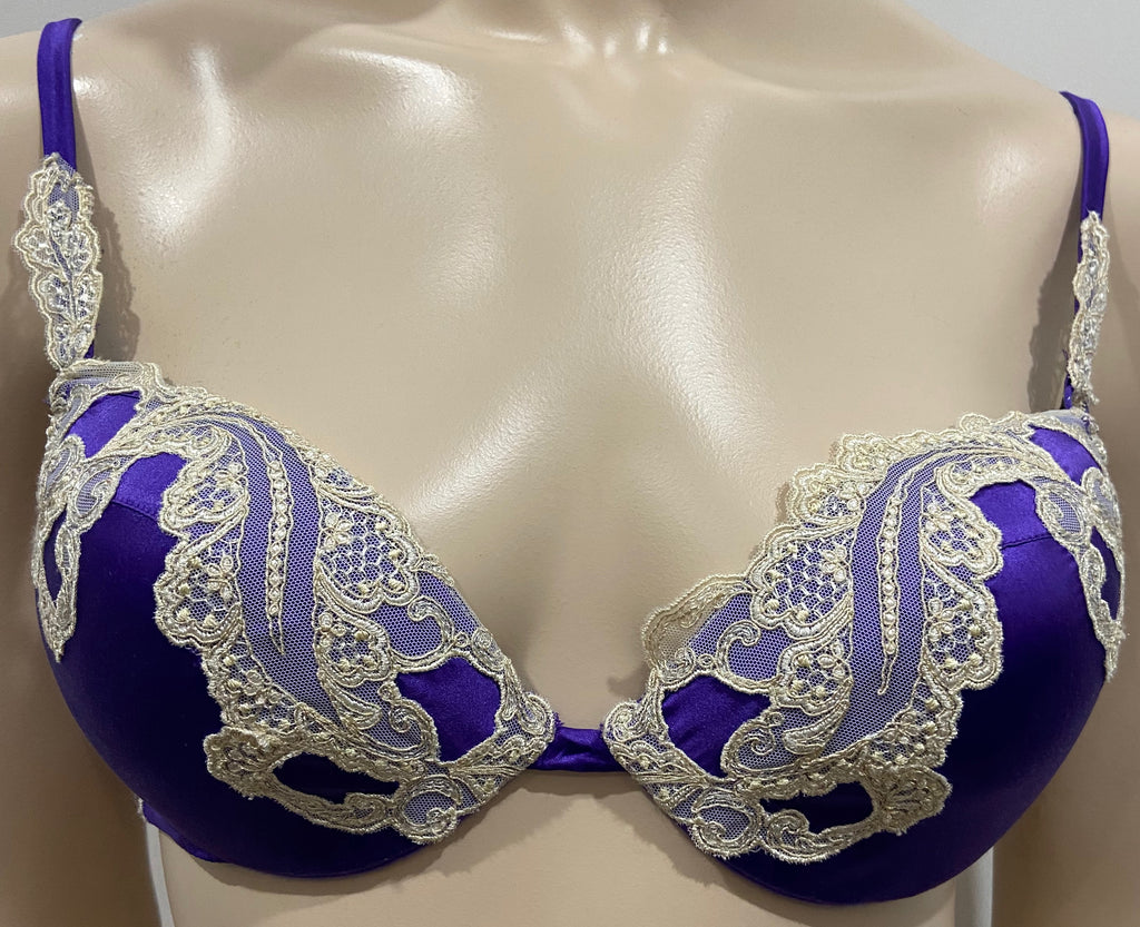 COTTON CLUB Purple Silk Blend Cream Lace Underwired Balconette Bra 36B BNWT