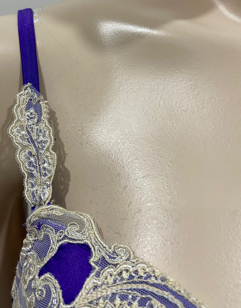 COTTON CLUB Purple Silk Blend Cream Lace Underwired Balconette Bra 36B BNWT