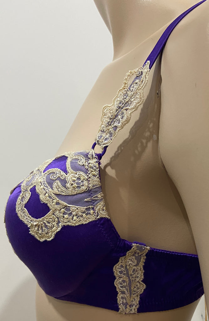 COTTON CLUB Purple Silk Blend Cream Lace Underwired Balconette Bra 36B BNWT