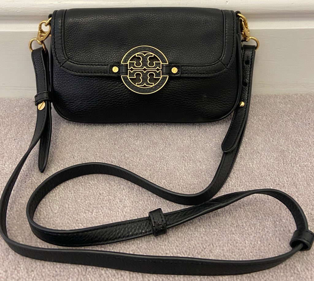 TORY BURCH Black Pebbled Leather Gold Tone Branded Flap Over Shoulder Bag