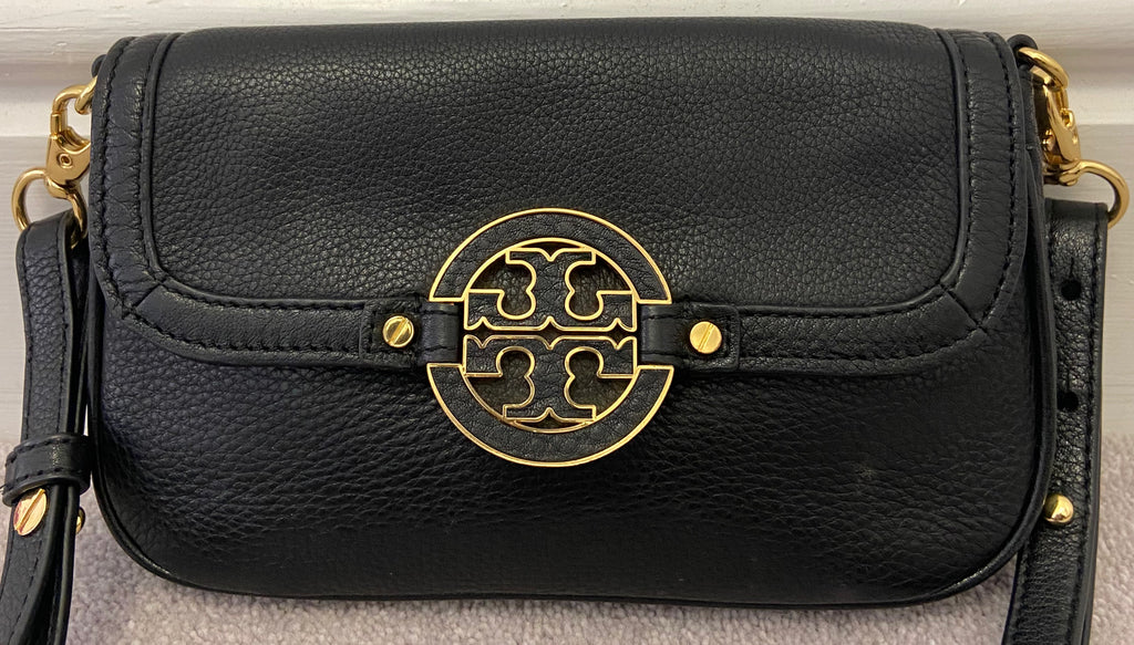 TORY BURCH Black Pebbled Leather Gold Tone Branded Flap Over Shoulder Bag