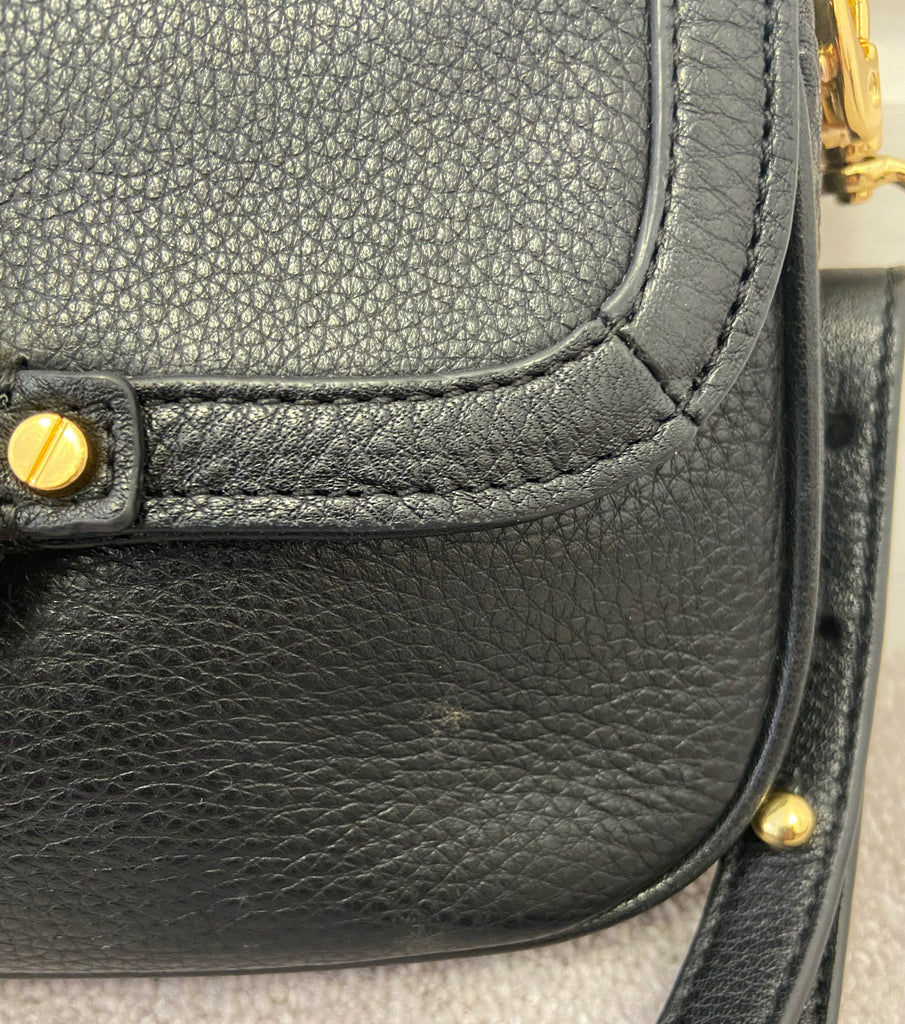 TORY BURCH Black Pebbled Leather Gold Tone Branded Flap Over Shoulder Bag