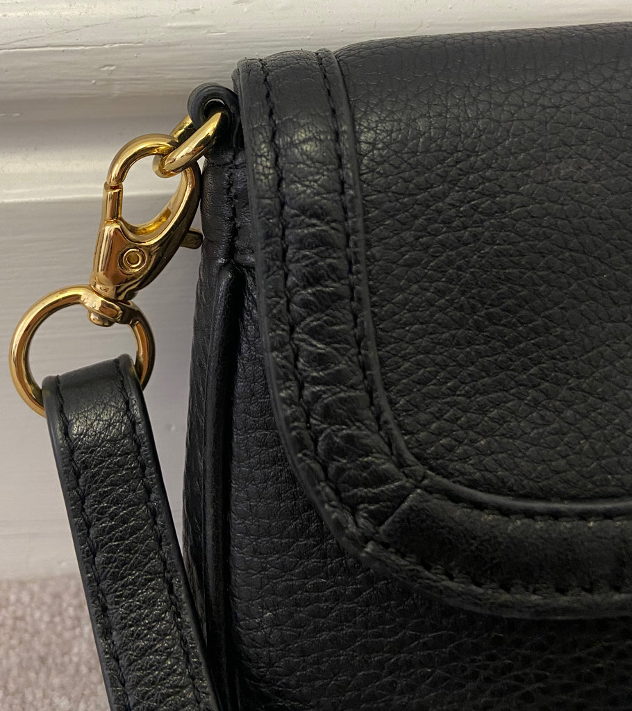 TORY BURCH Black Pebbled Leather Gold Tone Branded Flap Over Shoulder Bag