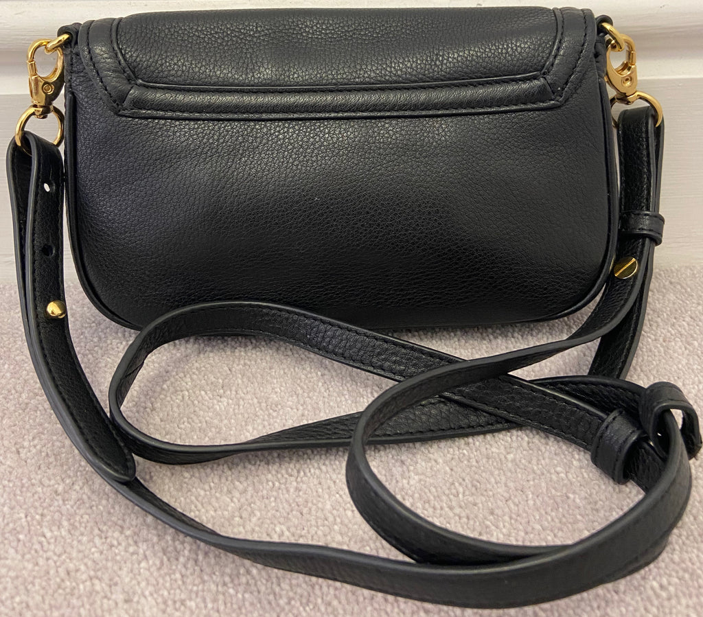 TORY BURCH Black Pebbled Leather Gold Tone Branded Flap Over Shoulder Bag