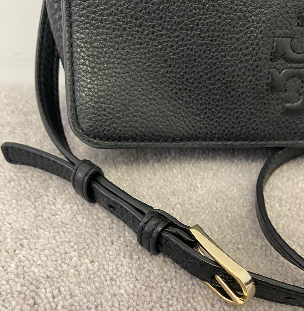 TORY BURCH Black Pebbled Leather Branded Flap Over Fastened Lined Shoulder Bag