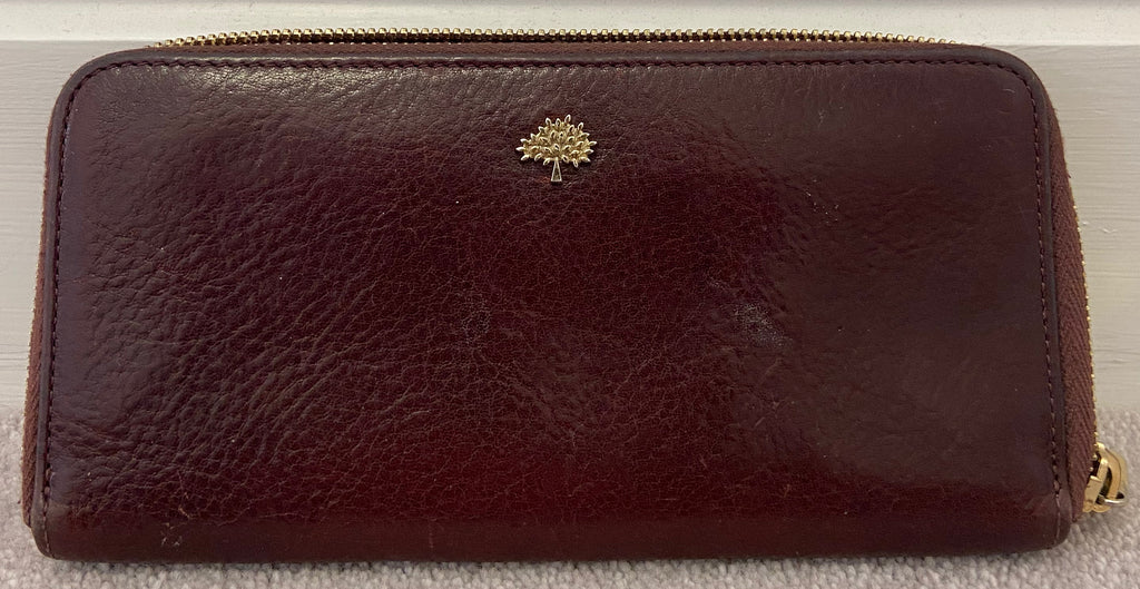 MULBERRY Burgundy Plum Leather Gold Tone Branded Zip Fasten Large Purse Wallet