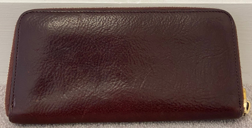 MULBERRY Burgundy Plum Leather Gold Tone Branded Zip Fasten Large Purse Wallet
