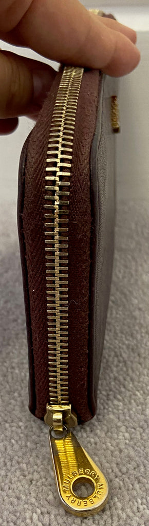 MULBERRY Burgundy Plum Leather Gold Tone Branded Zip Fasten Large Purse Wallet