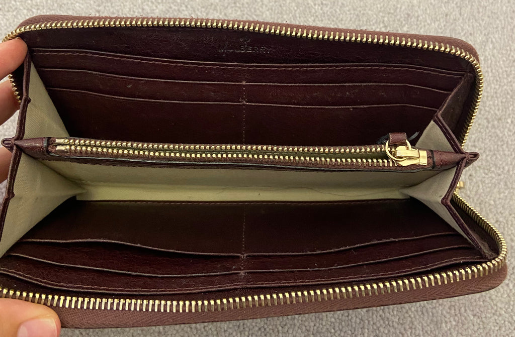 MULBERRY Burgundy Plum Leather Gold Tone Branded Zip Fasten Large Purse Wallet