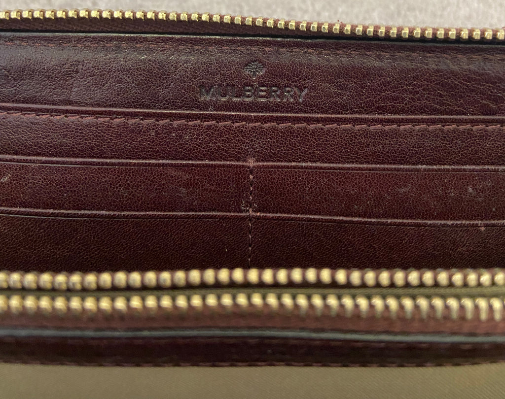 MULBERRY Burgundy Plum Leather Gold Tone Branded Zip Fasten Large Purse Wallet