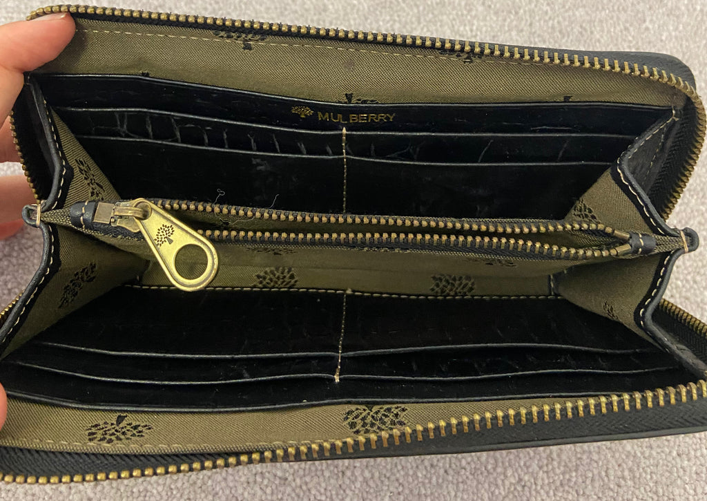 MULBERRY Black Leather Crocodile Print Zip Around Fastened Large Purse Wallet