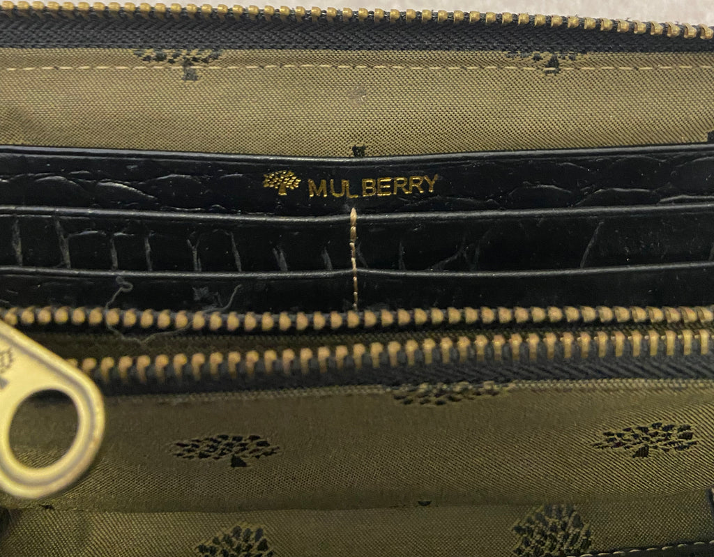 MULBERRY Black Leather Crocodile Print Zip Around Fastened Large Purse Wallet