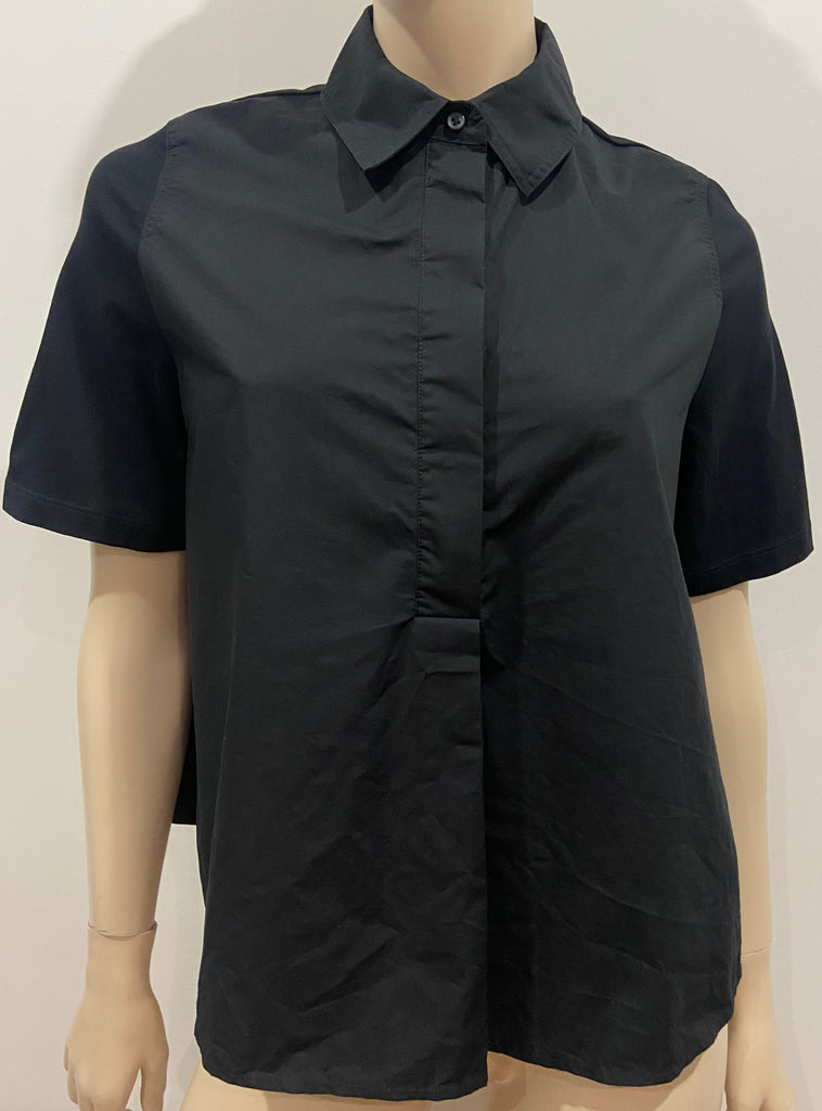 COS Black 100% Cotton Collared Jersey Rear & Short Sleeve Blouse Shirt Top XS
