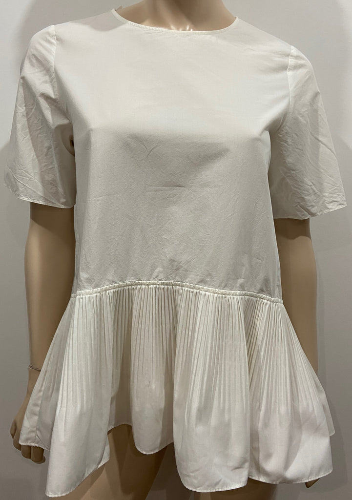 COS White Cotton Blend Round Neck Pleat Hemline Short Sleeve Blouse Shirt Top 34