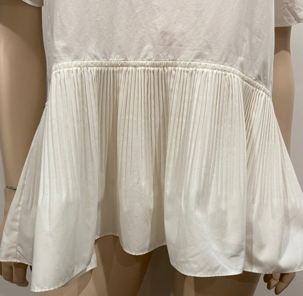 COS White Cotton Blend Round Neck Pleat Hemline Short Sleeve Blouse Shirt Top 34