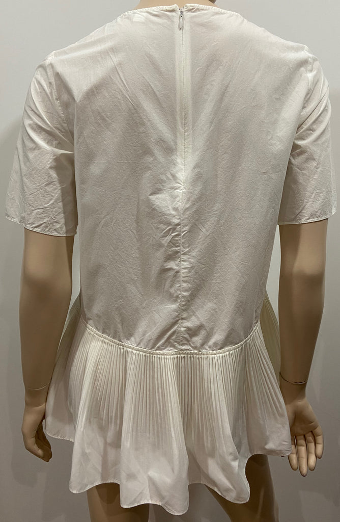 COS White Cotton Blend Round Neck Pleat Hemline Short Sleeve Blouse Shirt Top 34