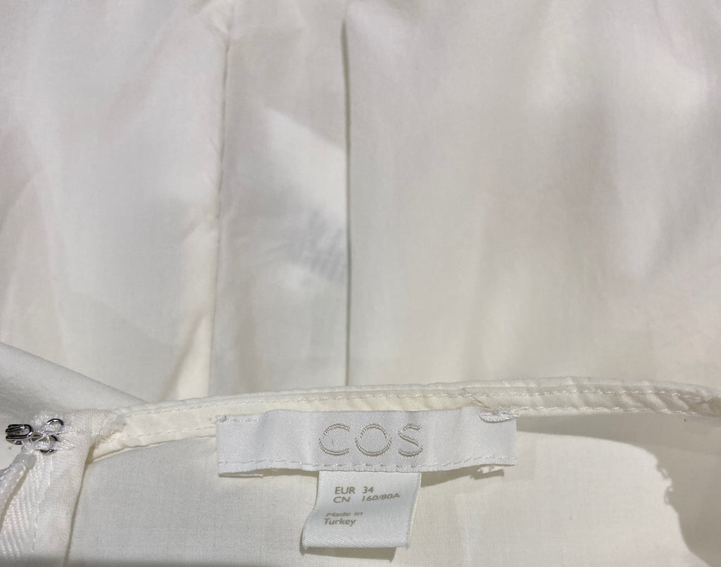 COS White Cotton Blend Round Neck Pleat Hemline Short Sleeve Blouse Shirt Top 34
