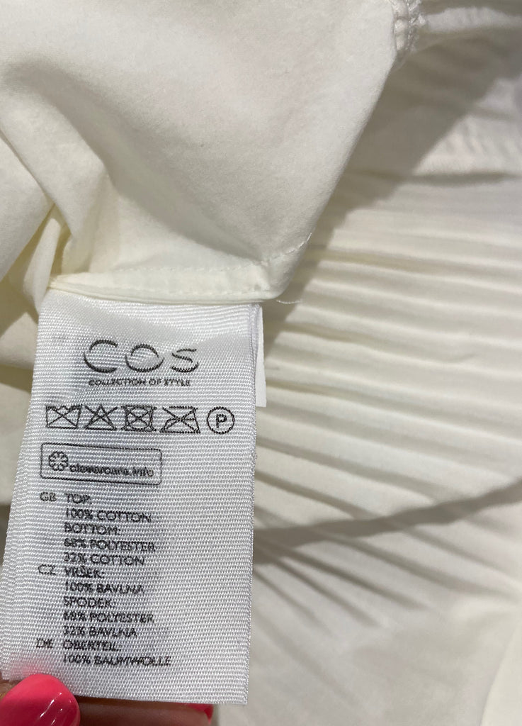 COS White Cotton Blend Round Neck Pleat Hemline Short Sleeve Blouse Shirt Top 34