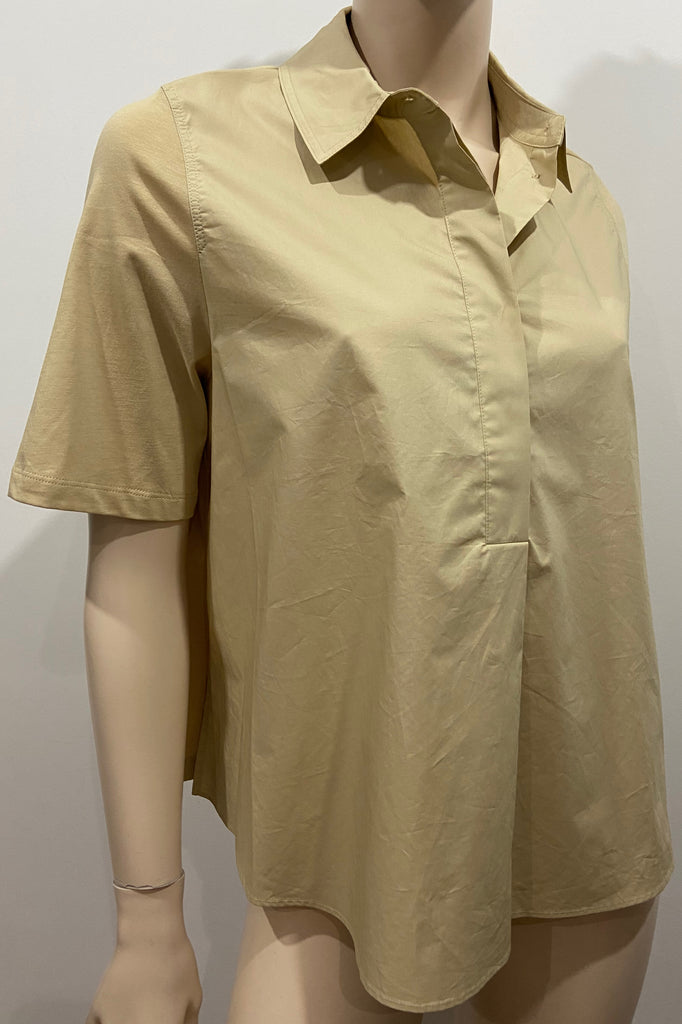 COS Camel 100% Cotton Collared Jersey Rear & Short Sleeve Blouse Shirt Top XS