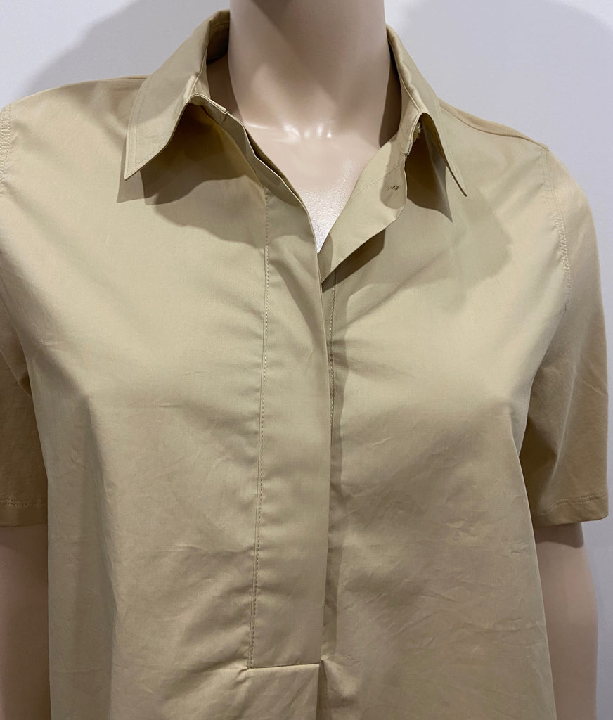 COS Camel 100% Cotton Collared Jersey Rear & Short Sleeve Blouse Shirt Top XS