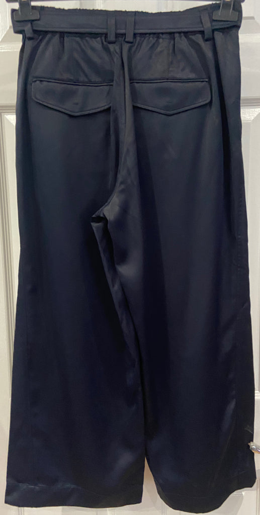 VINCE Royal Blue Shined Fabric Elastic Belted Waist Wide Leg Capri Trousers Pants S