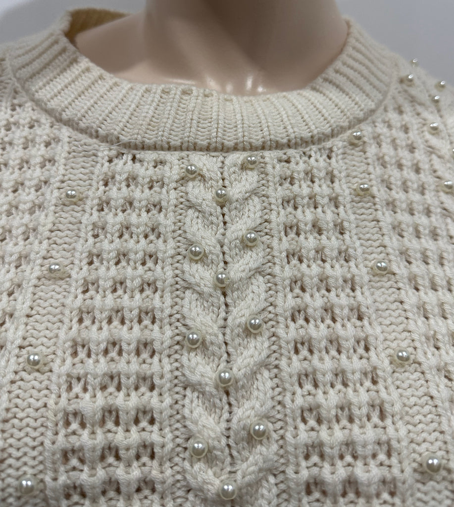 SANDRO Cream Wool Blend Round Neck Pearl Cable Knit Jumper Sweater Top FR2 UK10