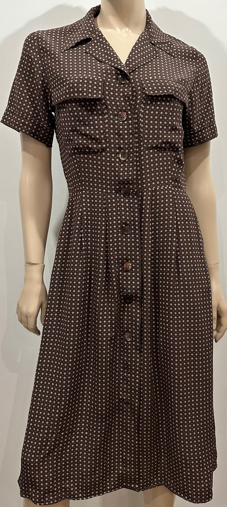 WEEKEND BY MAXMARA Brown Cream Pure Silk Floral Print Short Sleeve Shirt Dress M