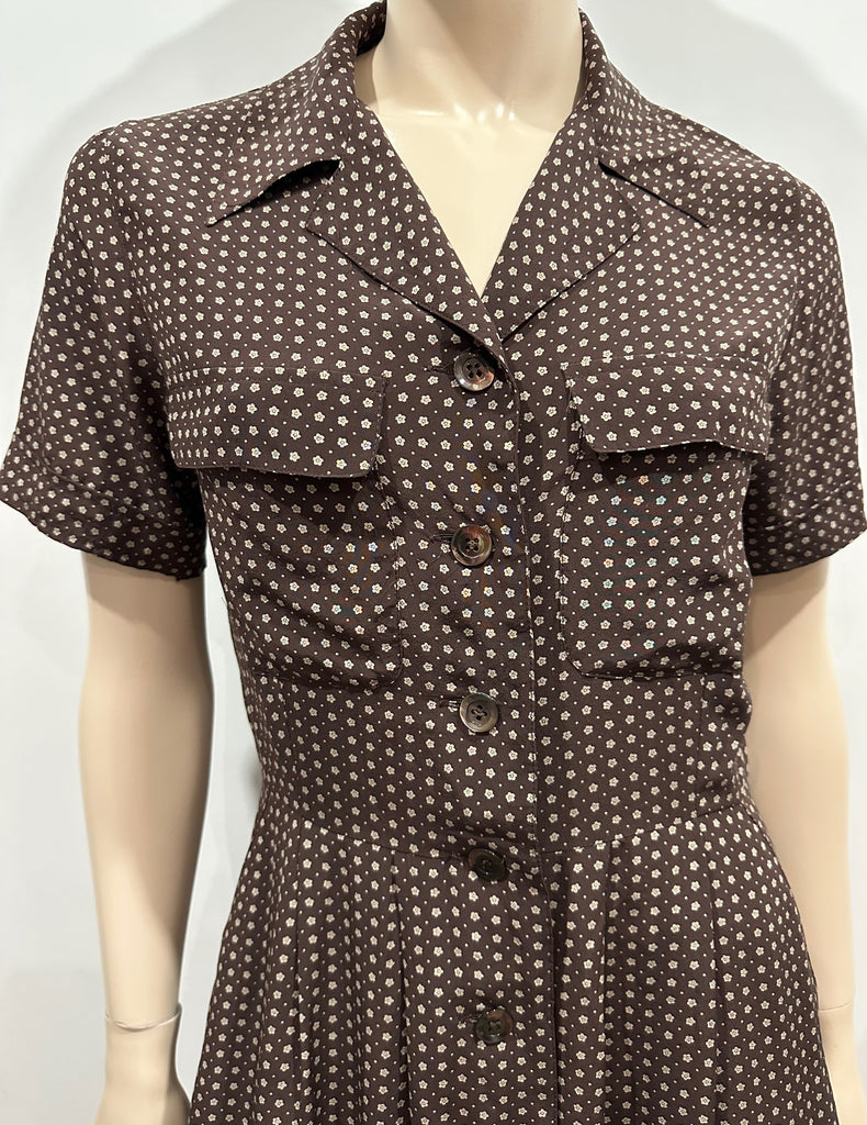 WEEKEND BY MAXMARA Brown Cream Pure Silk Floral Print Short Sleeve Shirt Dress M