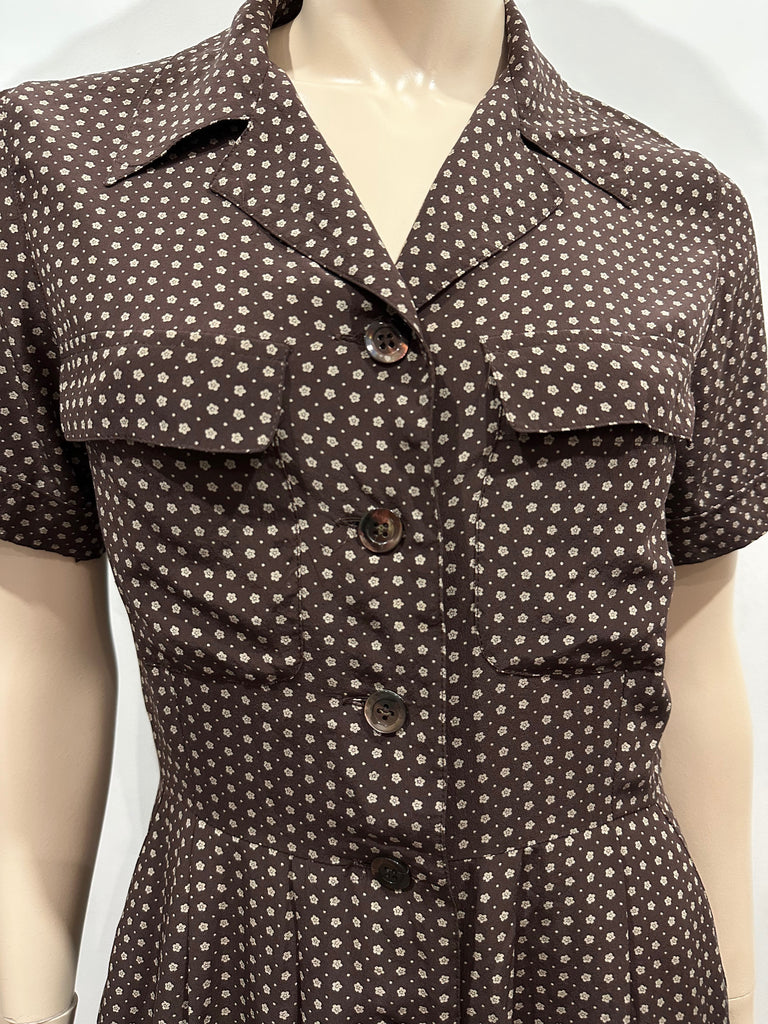 WEEKEND BY MAXMARA Brown Cream Pure Silk Floral Print Short Sleeve Shirt Dress M
